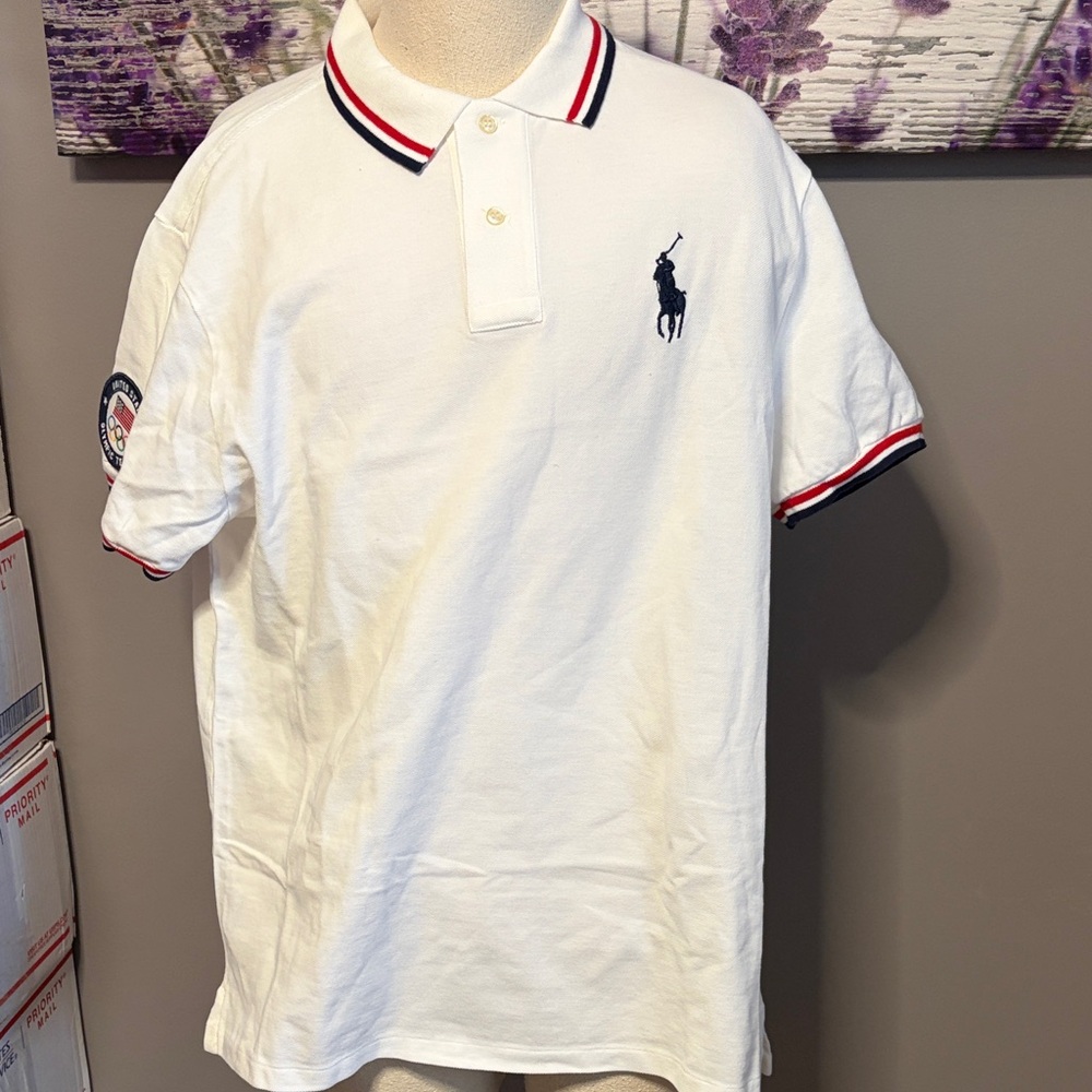 Men’s White Polo Shirt with Embroidered Logo 2020 Olympic Team Size L